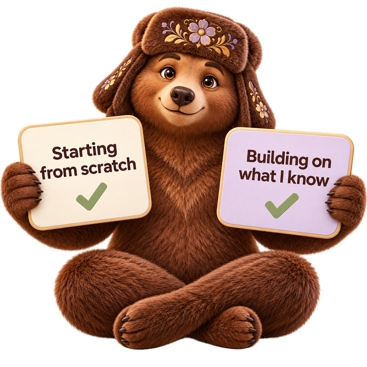 A bear holding two checked cards: Starting from scratch and Building on what I know